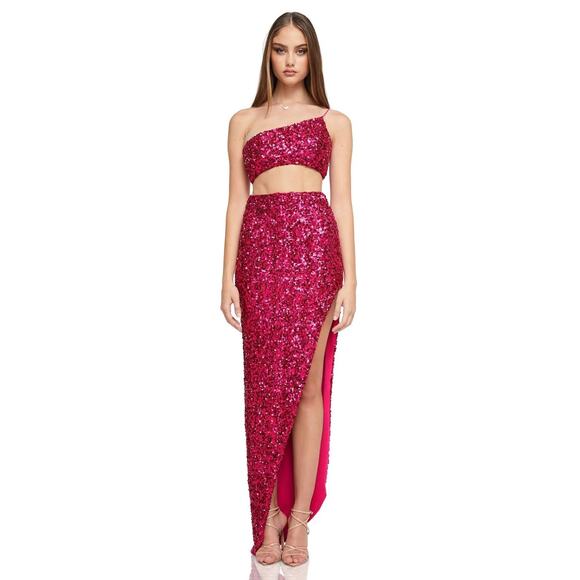 NWT Nookie Sz S/M Pink Sequined Crop Top Skirt Party Cocktail Dress 2 Piece Set - Picture 1 of 7
